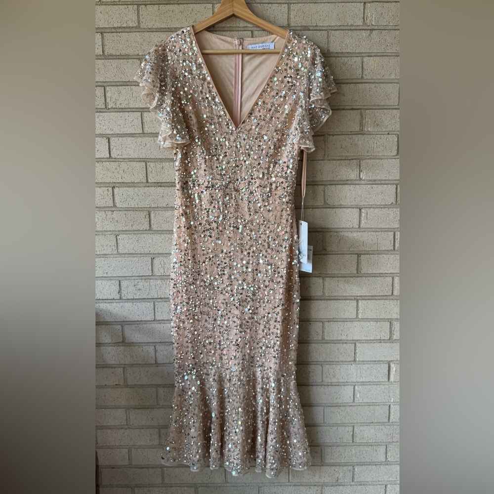 NWT Mac Duggal Sequin V-Neck Midi Dress Flutter Sleeve Pink Nude size 4